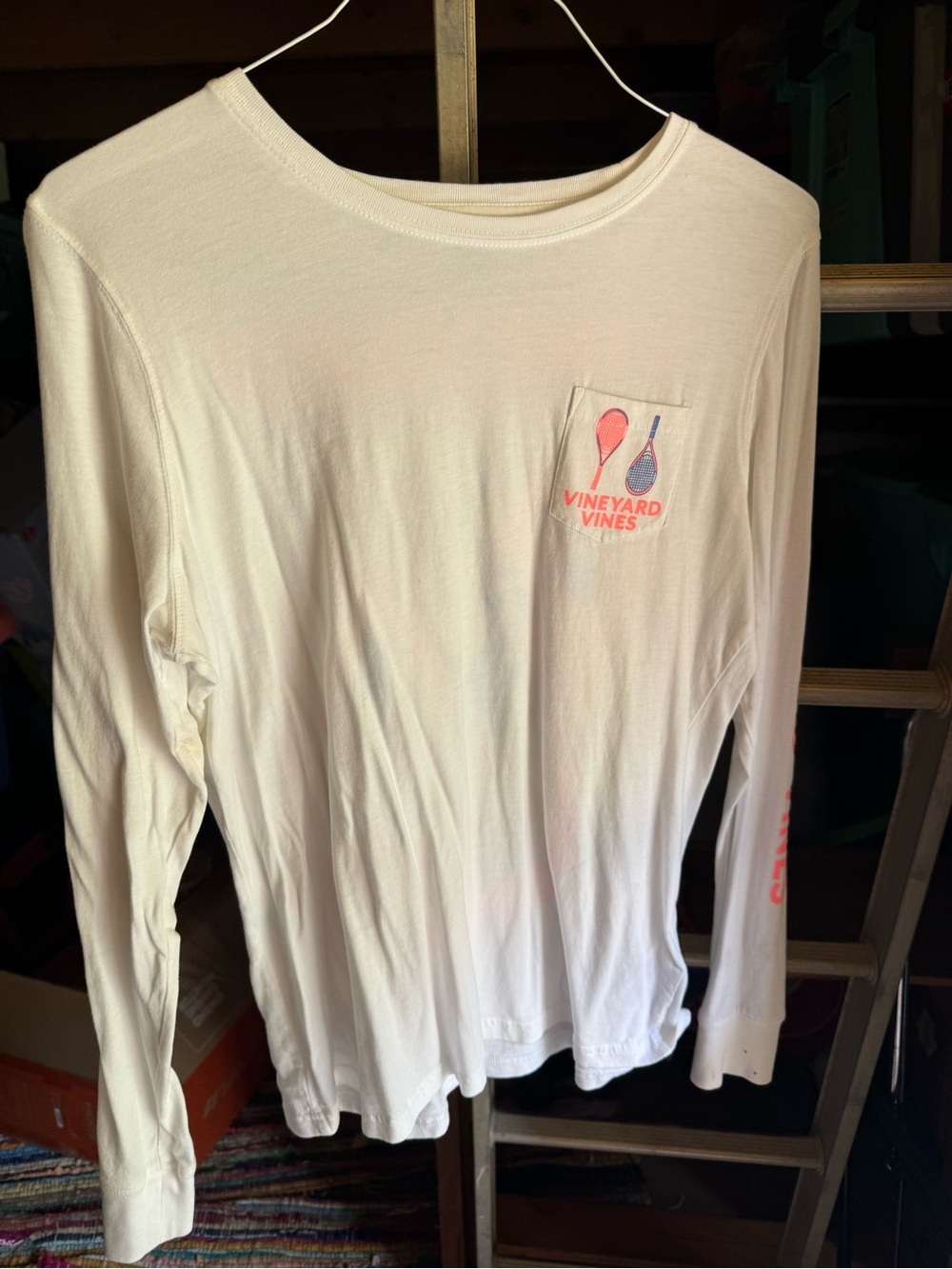 Vineyard Vines Cream Long-Sleeve Pocket Tee with Pink & Blue Logo